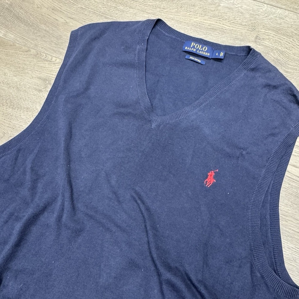 Polo Ralph Lauren Navy Blue Pima Cotton Light Sweater Vest Sz L Preppy Casual